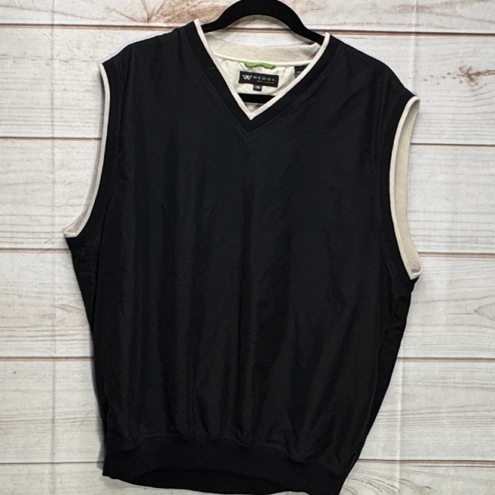 Wedge Golf & Beyond Mens V-Neck Wind Vest Black Cream Size Medium Polyester